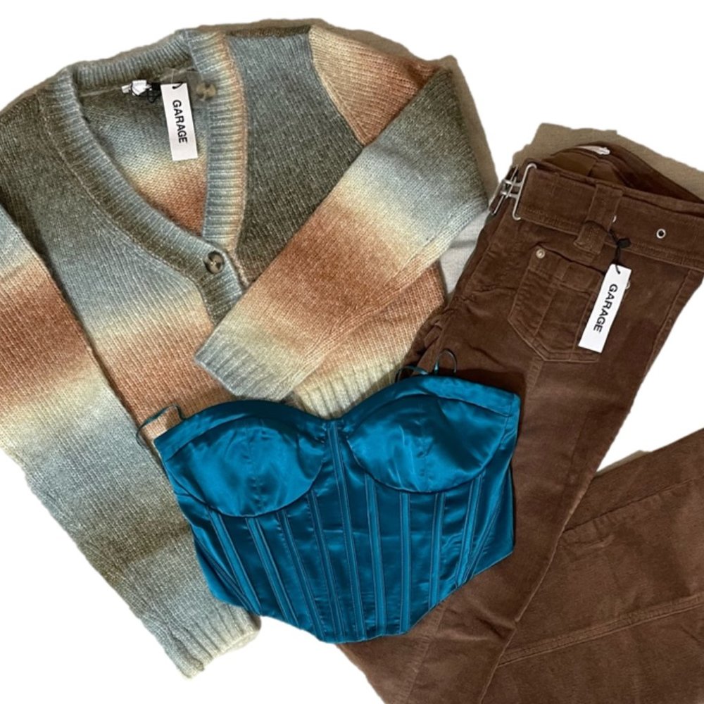 Low Rise Cord, Satin Corset & Ombre Cardigan Bundle
